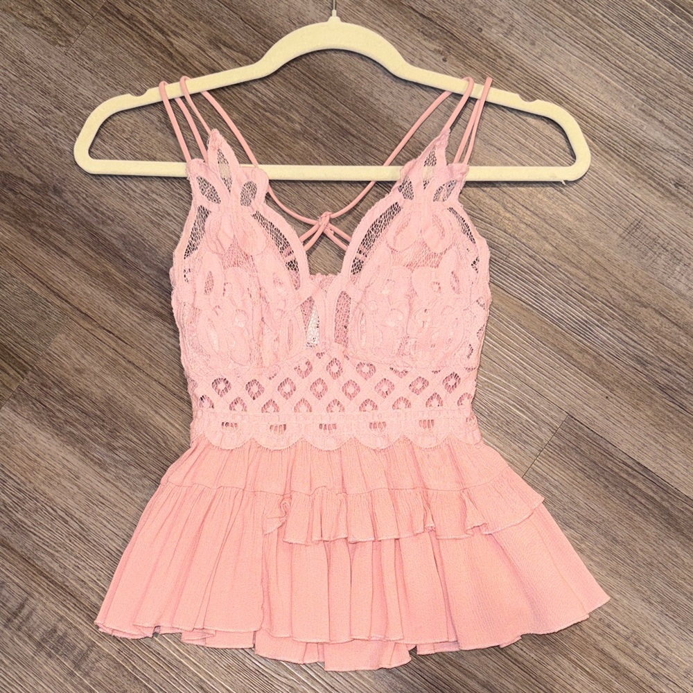 Pink Lace Ruffle Camisole Tank Top